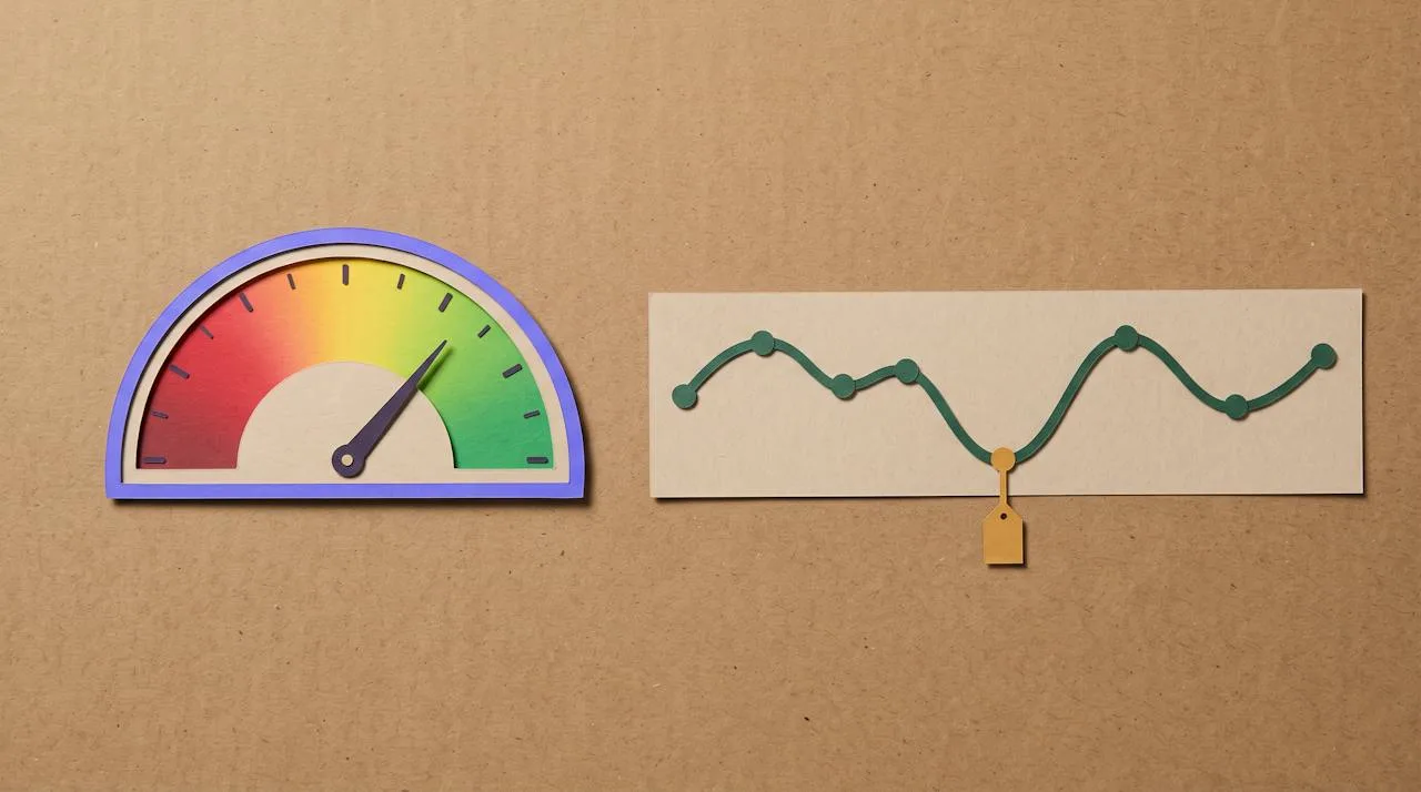 Papier-Barometer mit Rot-Gelb-Grün-Skala und eine Verlaufskurve aus Papier mit einem markierten Tiefpunkt
