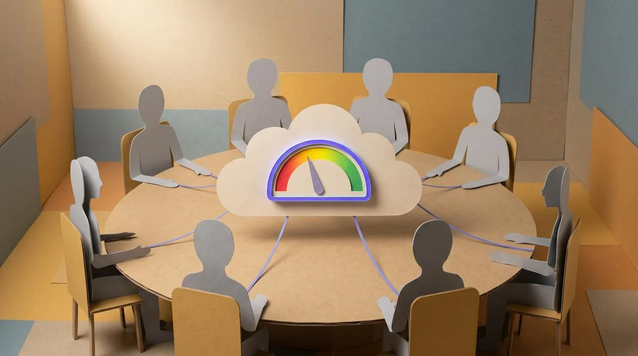 Acht graue Papier-Silhouetten um einen Tisch, in der Mitte eine Wolke mit einem einzigen Barometer – das anonyme Stimmungsbild eines Teams
